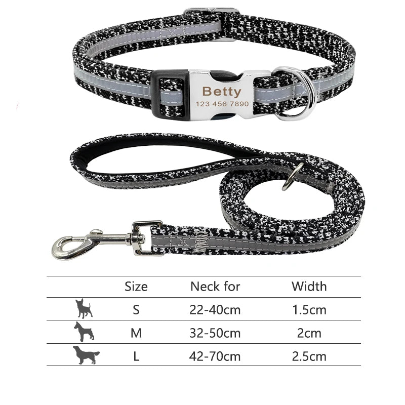 Reflective Dog Collar & Leash Set - Custom Engraved Night Safety 095GRAY