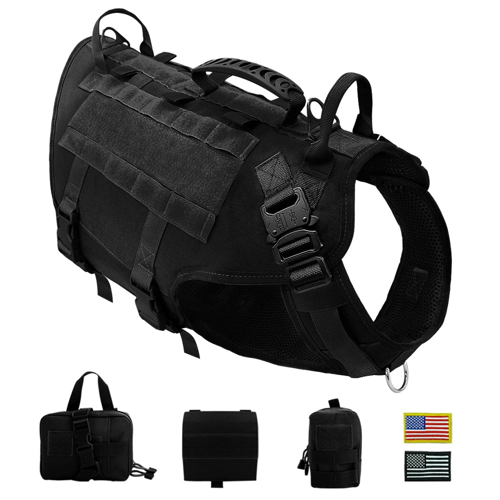 Tactical Dog Harness Military Style with Storage Bag for Large Dogs