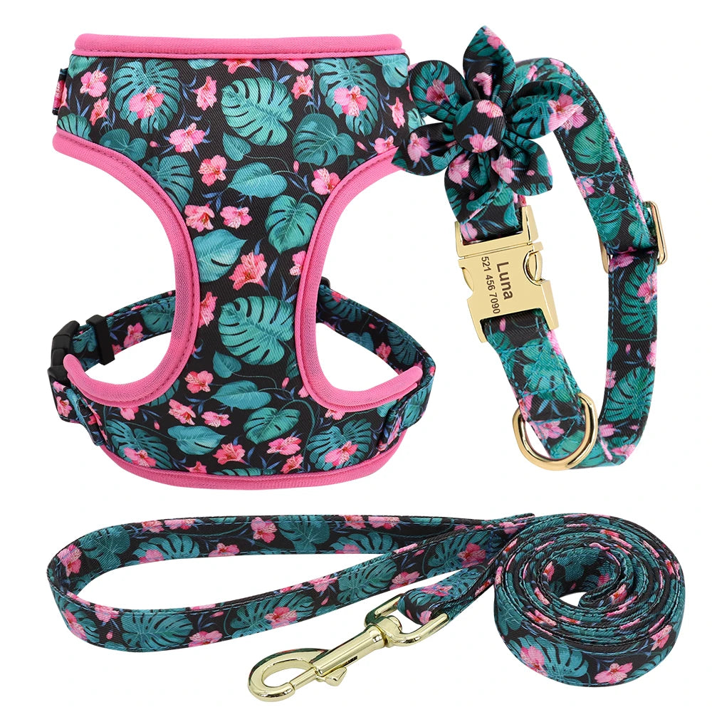 Custom Dog Collar Harness Set - Personalized Nylon Pet Kit Green