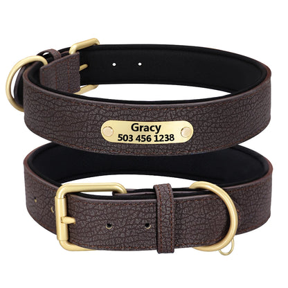Custom Engraved Leather Dog Collar - Personalized ID Plate Brown
