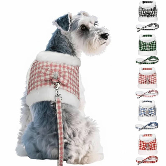 Warm Plaid Dog Harness Set with Removable Fur Collar & Leash
