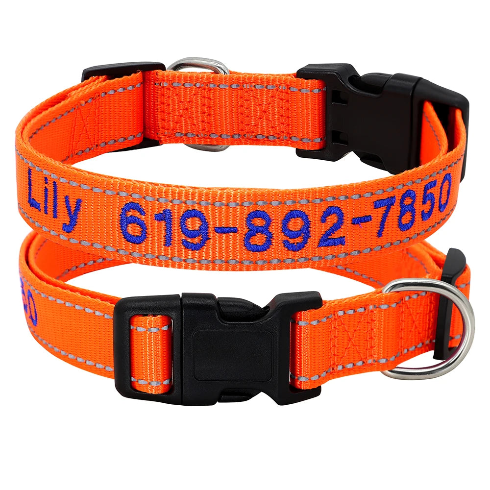 Personalized Reflective Dog Collar - Custom Embroidered Name & Phone 21-1 Orange