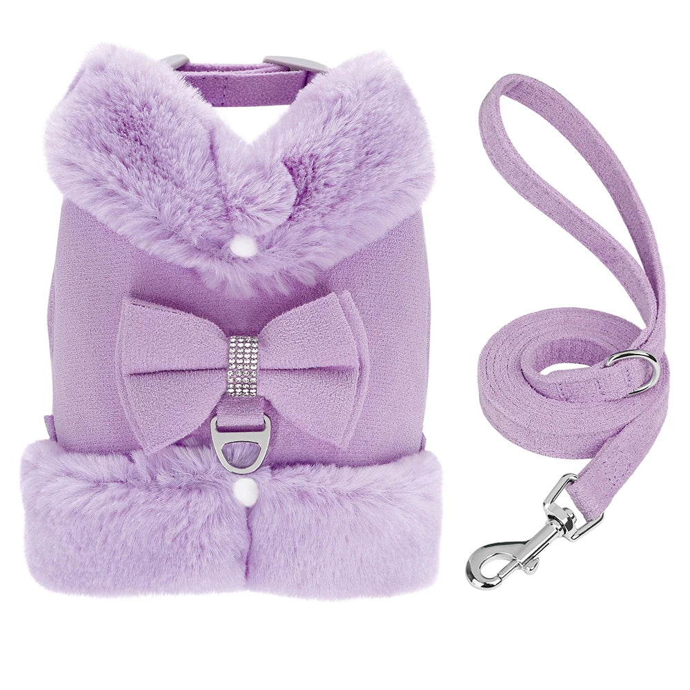 Winter Dog Harness Set - Warm Fur Vest with Bowknot & Leash PURPLE