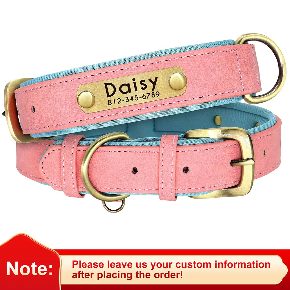 Personalized PU Leather Dog Collar with Free Engraving - Soft Padded Pink