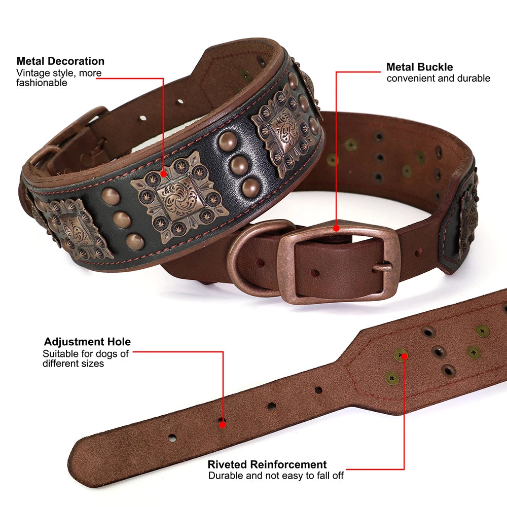 Leather Dog Collar Leash Set Large Dogs - Padded Wide Metal Rivet