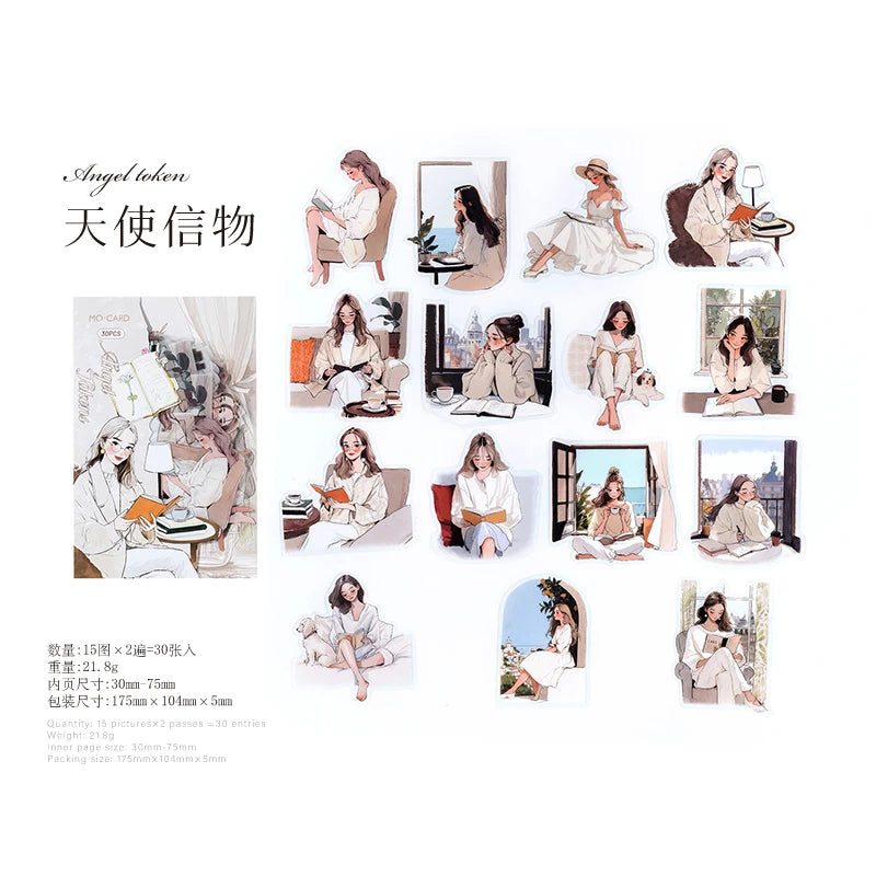 Reading Girl Stickers 30pcs - Aesthetic Book Lover Sticker Pack B