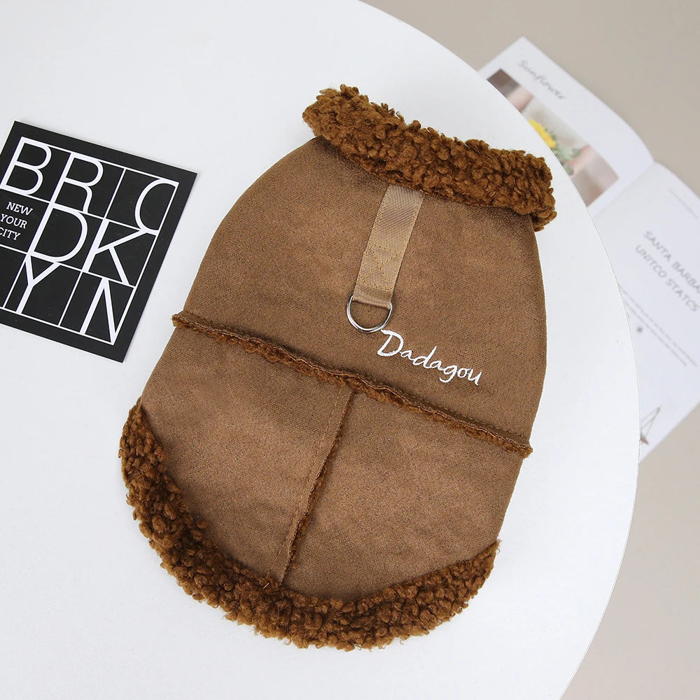 Winter Dog Jacket with Warm Fur Collar - Suede Pet Coat