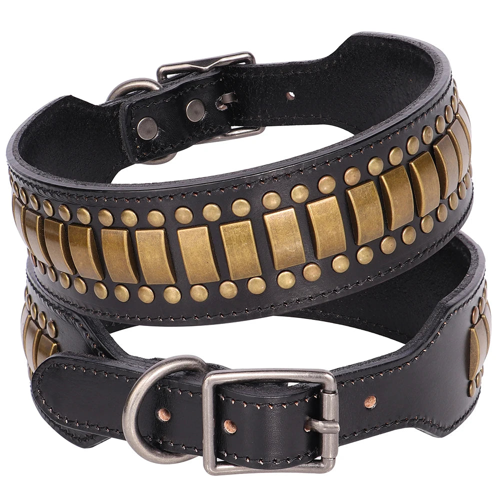 2 Inch Wide Leather Dog Collar with Spikes for Large Dogs Coffee