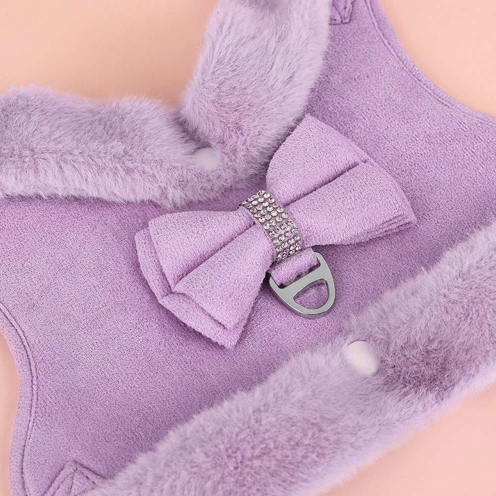 Winter Dog Harness Set - Warm Fur Vest with Bowknot & Leash