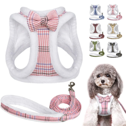 Winter Dog Harness & Leash Set - Warm Fur Vest with Bowknot