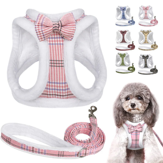Winter Dog Harness & Leash Set - Warm Fur Vest with Bowknot