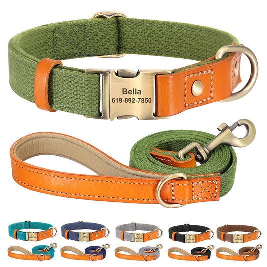 Custom Dog Collar Leash Set Personalized Pet ID Nylon Leather