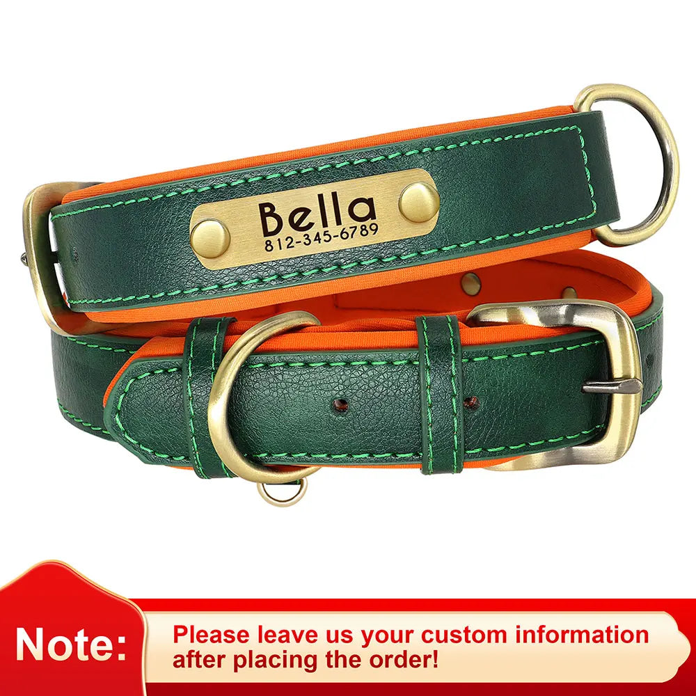 Personalized PU Leather Dog Collar with Free Engraving - Soft Padded green