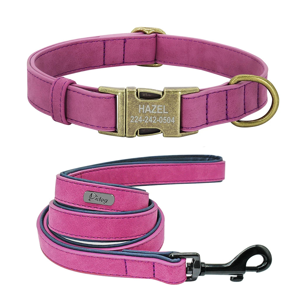 Personalized Dog Collar & Leash Set - Custom Engraved Pet Accessories PURPLE