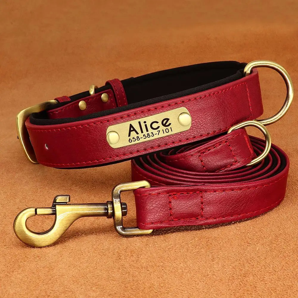 PU Leather Dog Collar Leash Set - Soft Adjustable for Small Dogs Red