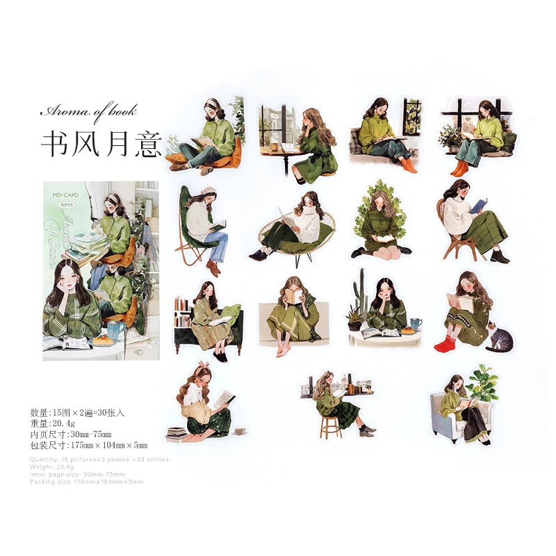 Reading Girl Stickers 30pcs - Aesthetic Book Lover Sticker Pack C