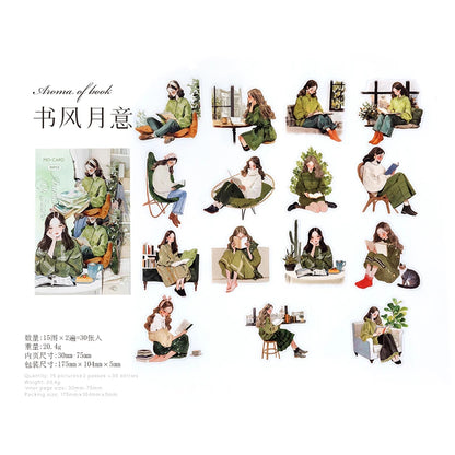 Reading Girl Stickers 30pcs - Aesthetic Book Lover Sticker Pack C