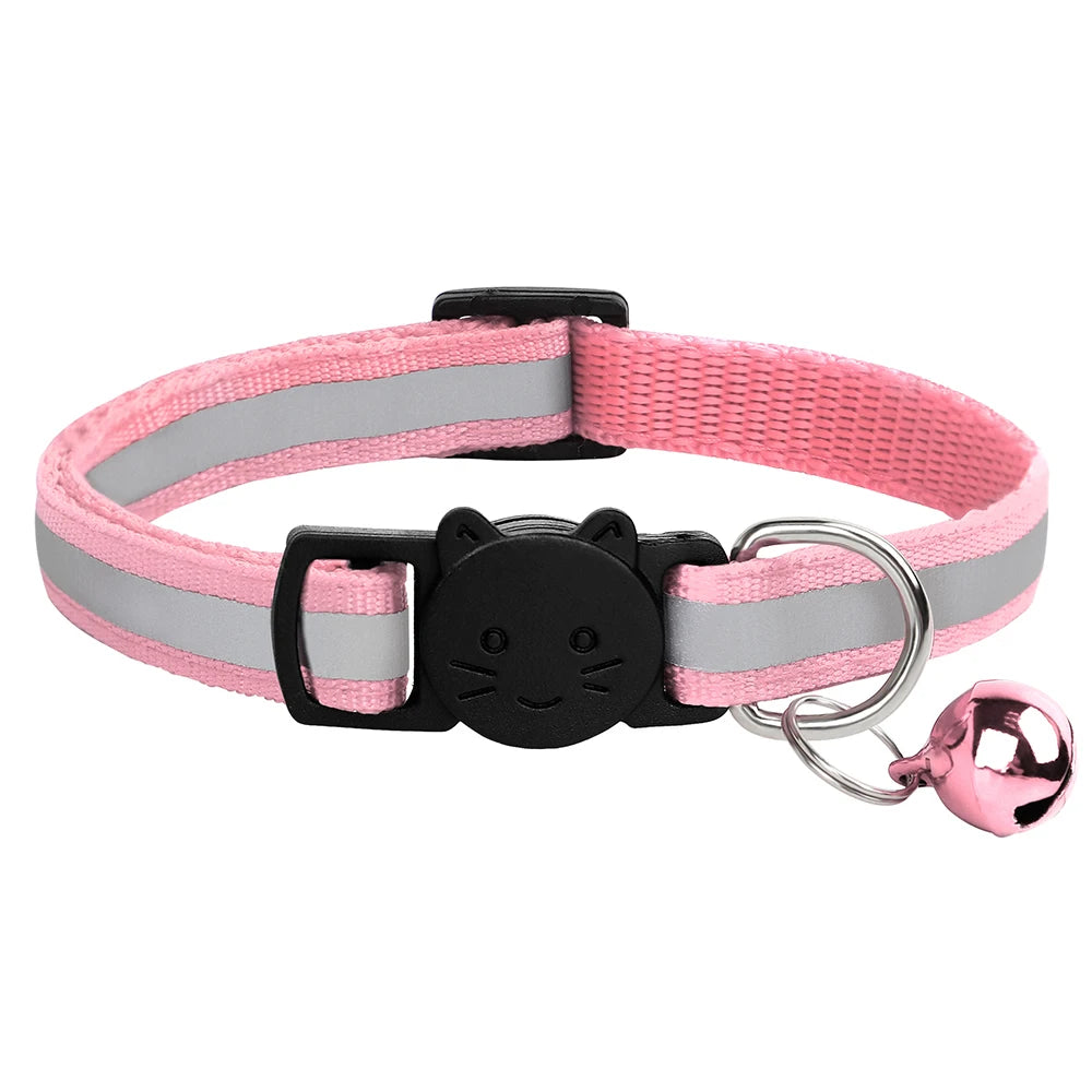Breakaway Cat Collar with Bell - Reflective Safety Nylon Collar Pink 20-33cm