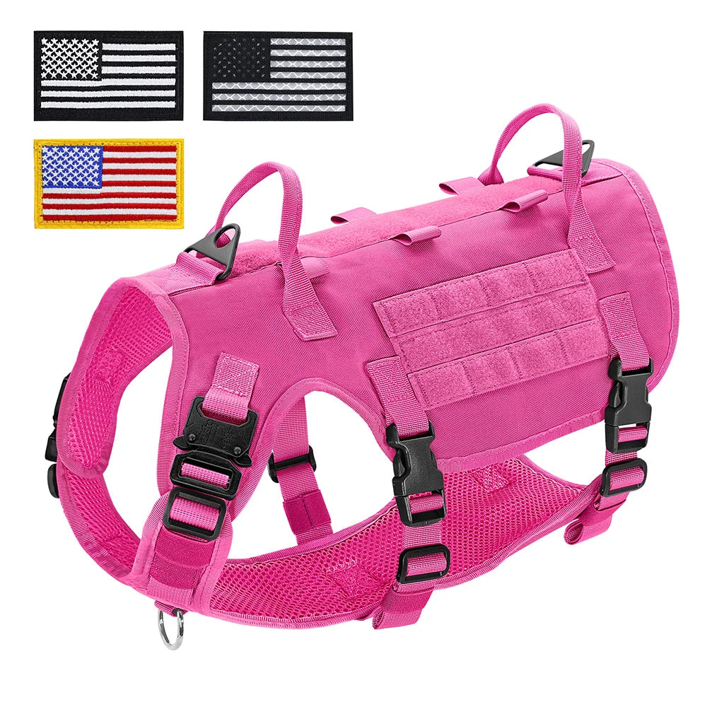 Tactical Dog Harness Military Vest Medium Large Dogs - Durable Nylon Rose--US