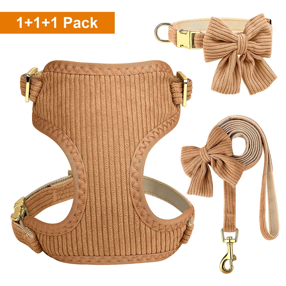 Adorable Bowknot Dog Harness Set - Soft Velvet Collar & Leash for Small Dogs Brown