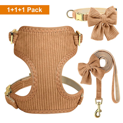 Adorable Bowknot Dog Harness Set - Soft Velvet Collar & Leash for Small Dogs Brown