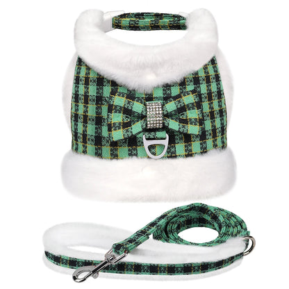 Warm Plaid Dog Harness Set with Removable Fur Collar & Leash Green