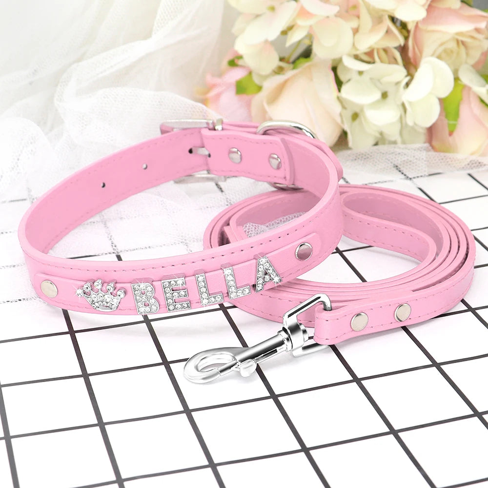 Personalized Dog Collar and Leash Set with Rhinestone Charm - Custom Pet Collar for Small to Large Dogs