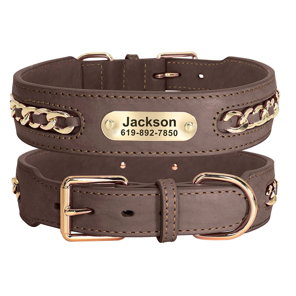 Personalized Leather Dog Collar with Name Tag - Custom ID Collar Brown