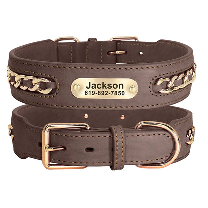 Personalized Leather Dog Collar with Name Tag - Custom ID Collar Brown