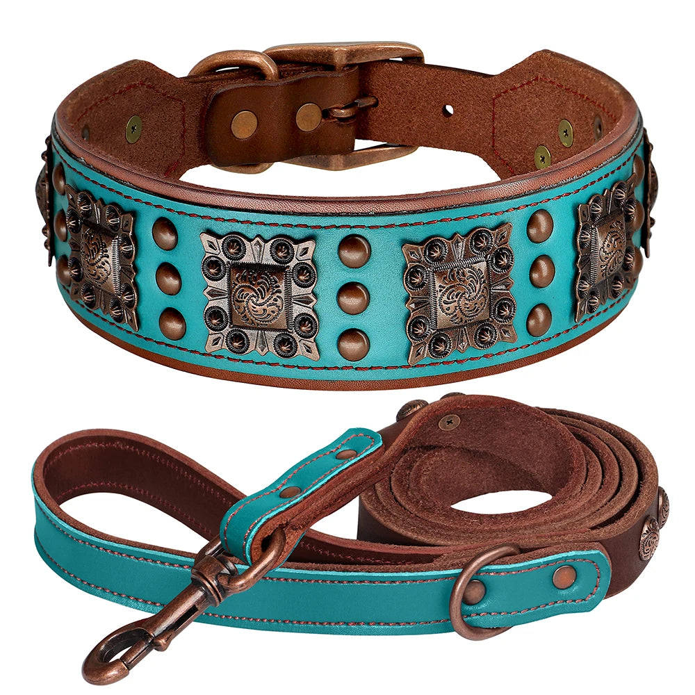 Leather Dog Collar Leash Set Large Dogs - Padded Wide Metal Rivet Green