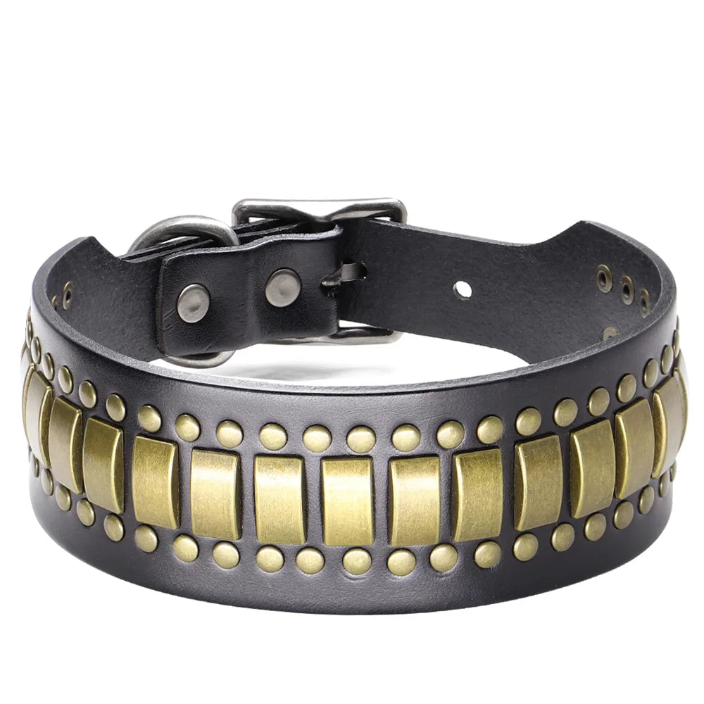 Luxury Leather Dog Collar 2 Inch Wide Diamond Spike - Large Dogs Coffee