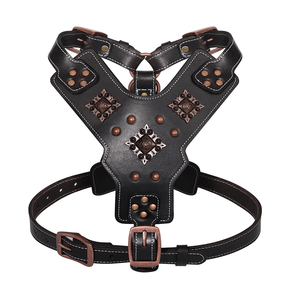 Genuine Leather Dog Harness Large Dogs - Durable Training Vest Metal Black