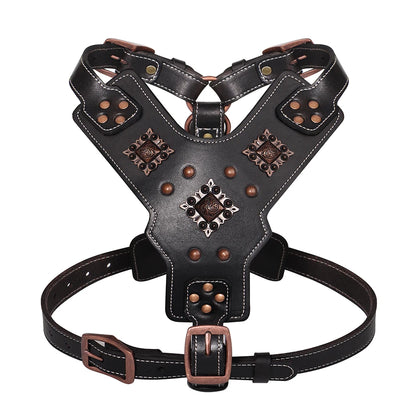 Genuine Leather Dog Harness Large Dogs - Durable Training Vest Metal Black