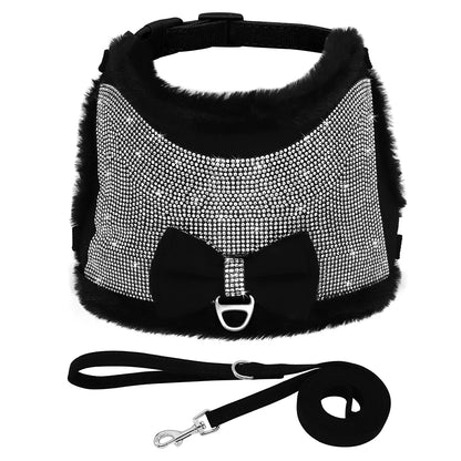 Bling Rhinestone Dog Harness and Leash Set with Bowknot - Warm Padded Vest Black