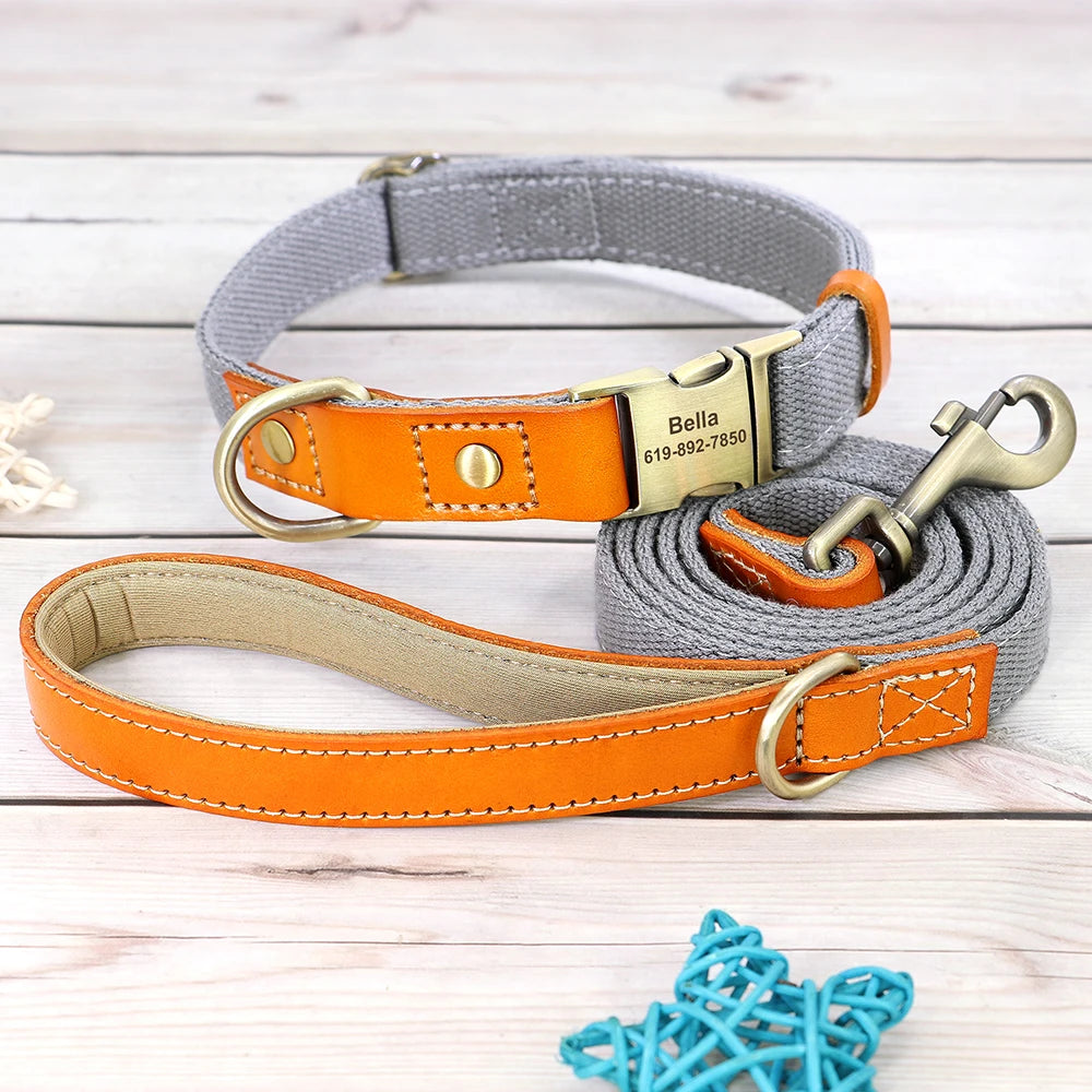 Custom Dog Collar Leash Set Personalized Pet ID Nylon Leather Gray set