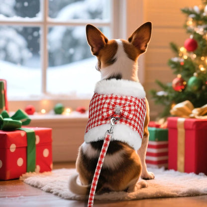 Warm Plaid Dog Harness Set with Removable Fur Collar & Leash