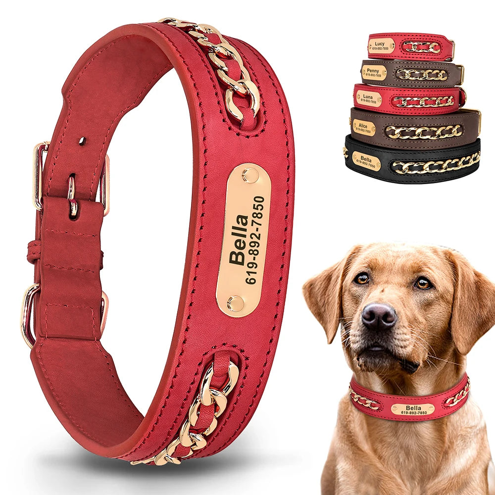 Personalized Leather Dog Collar with Name Tag - Custom ID Collar