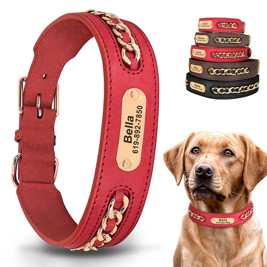 Personalized Leather Dog Collar with Name Tag - Custom ID Collar