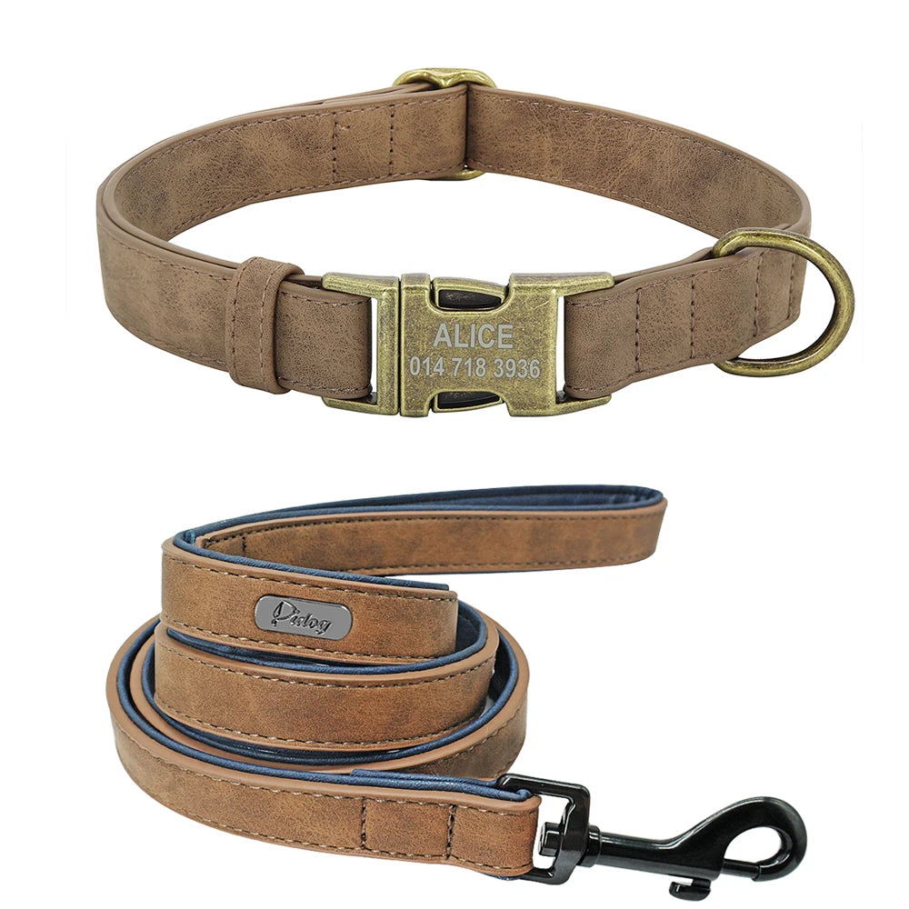 Personalized Dog Collar & Leash Set - Custom Engraved Pet Accessories Coffee