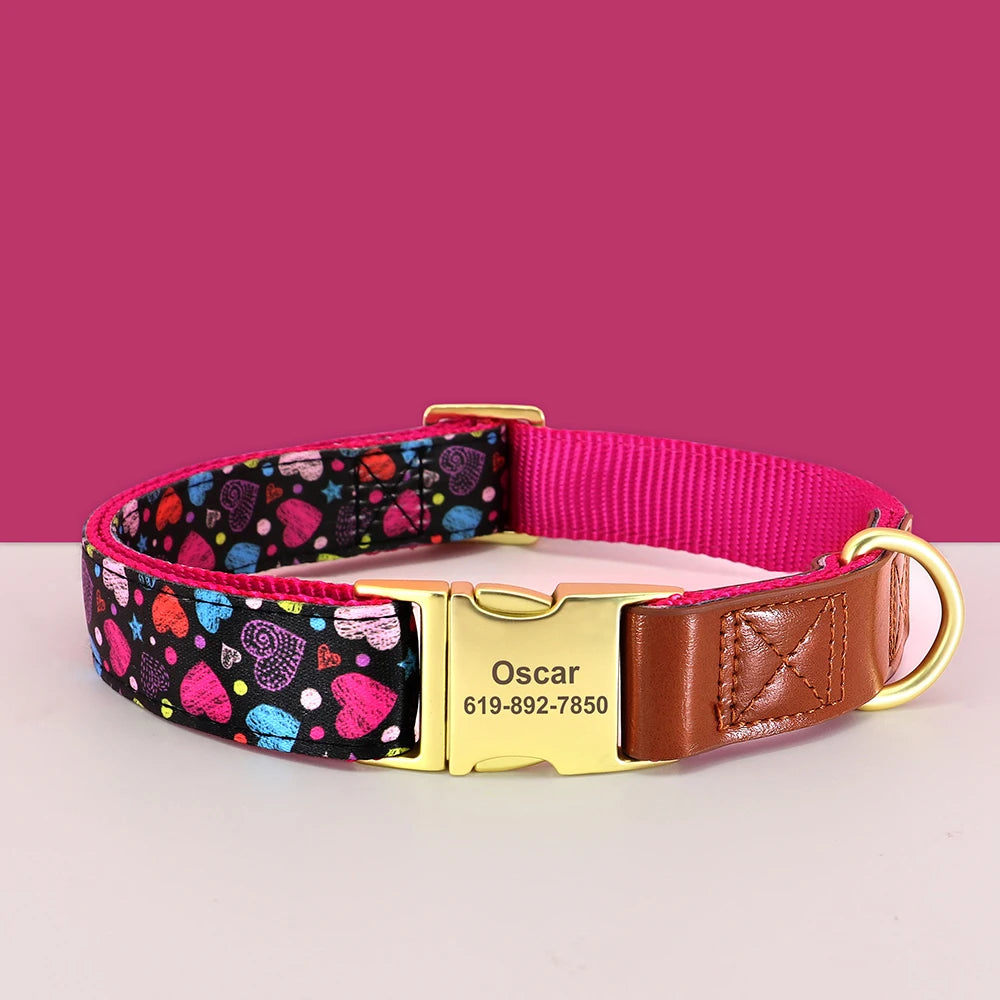 Custom Engraved Dog Collar - Personalized Flower Print Pet ID Collar