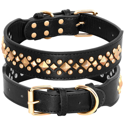 Spiked Leather Dog Collar - Adjustable Studded Collar for Dogs Black