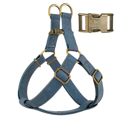 Personalized Dog Harness - Custom Engraved PU Leather Vest Blue
