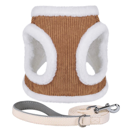 Winter Dog Harness Leash Set - Soft Plush Vest for Small Dogs Browm