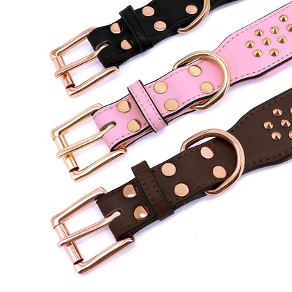 Spiked Leather Dog Collar - Adjustable Metal Rivet Pet Accessory