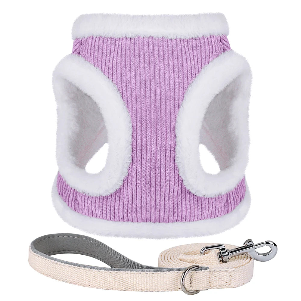Winter Dog Harness Leash Set - Soft Plush Vest for Small Dogs Purple
