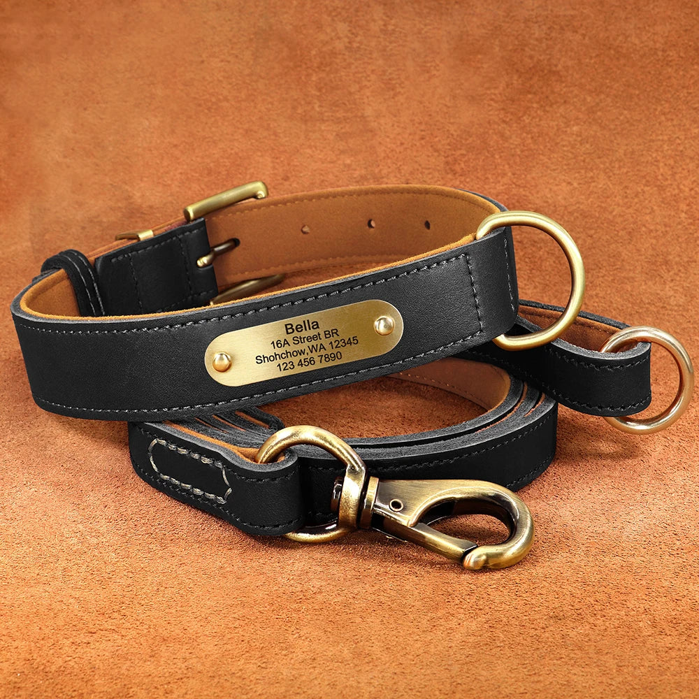 Personalized Leather Dog Collar & Leash Set with Free Engraving Black Set
