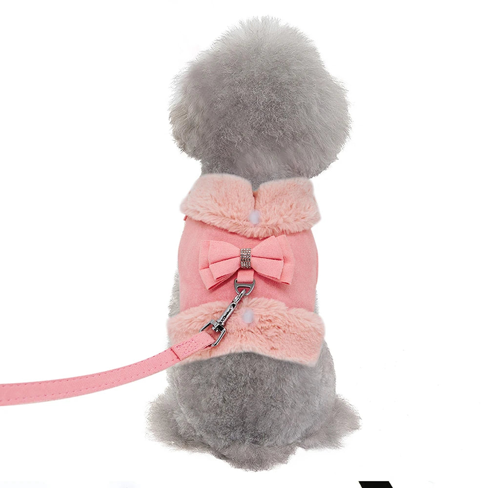 Winter Dog Harness Set - Warm Fur Vest with Bowknot & Leash