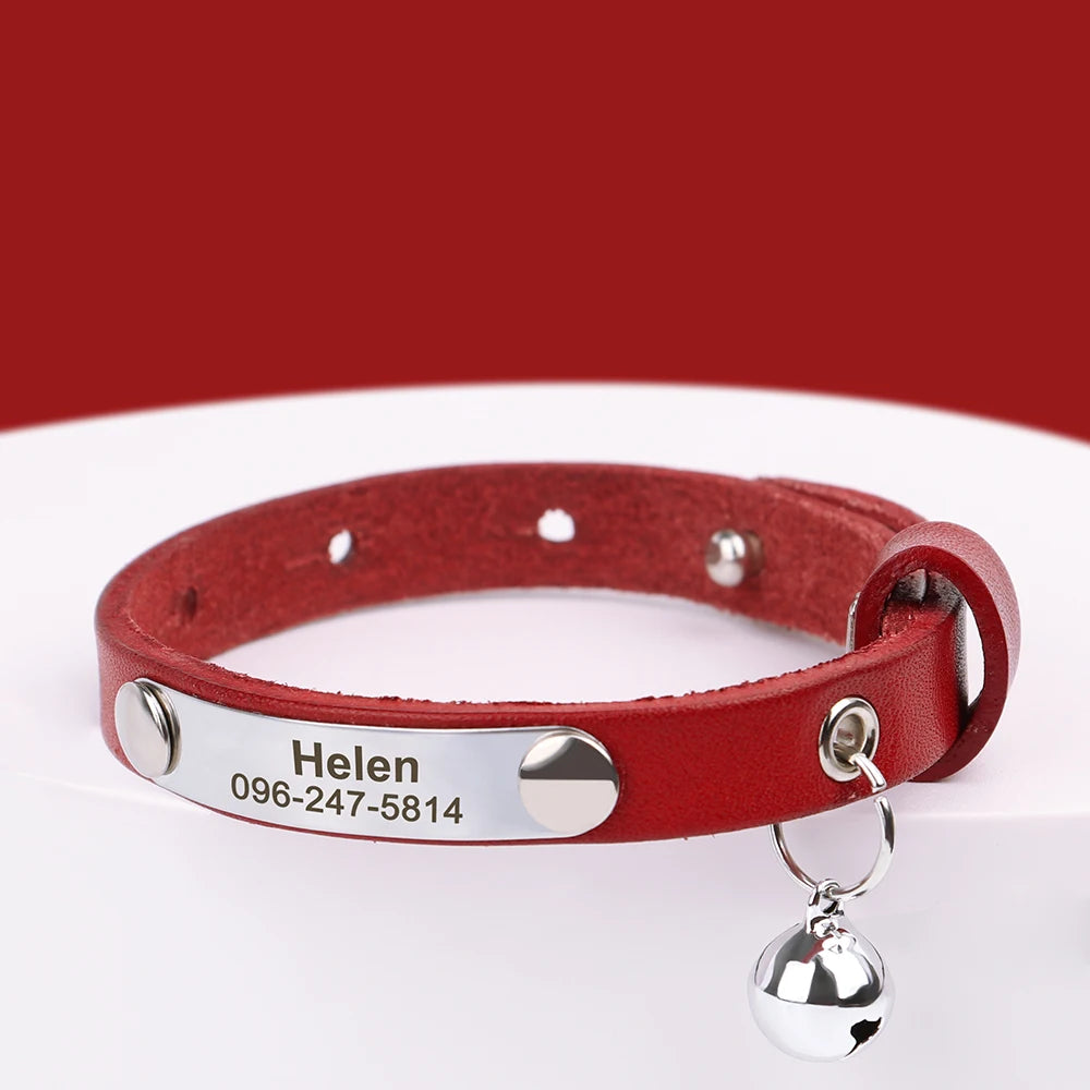 Personalized Leather Cat Collar with Bell - Custom Engraved Pet ID Red 15-23cm