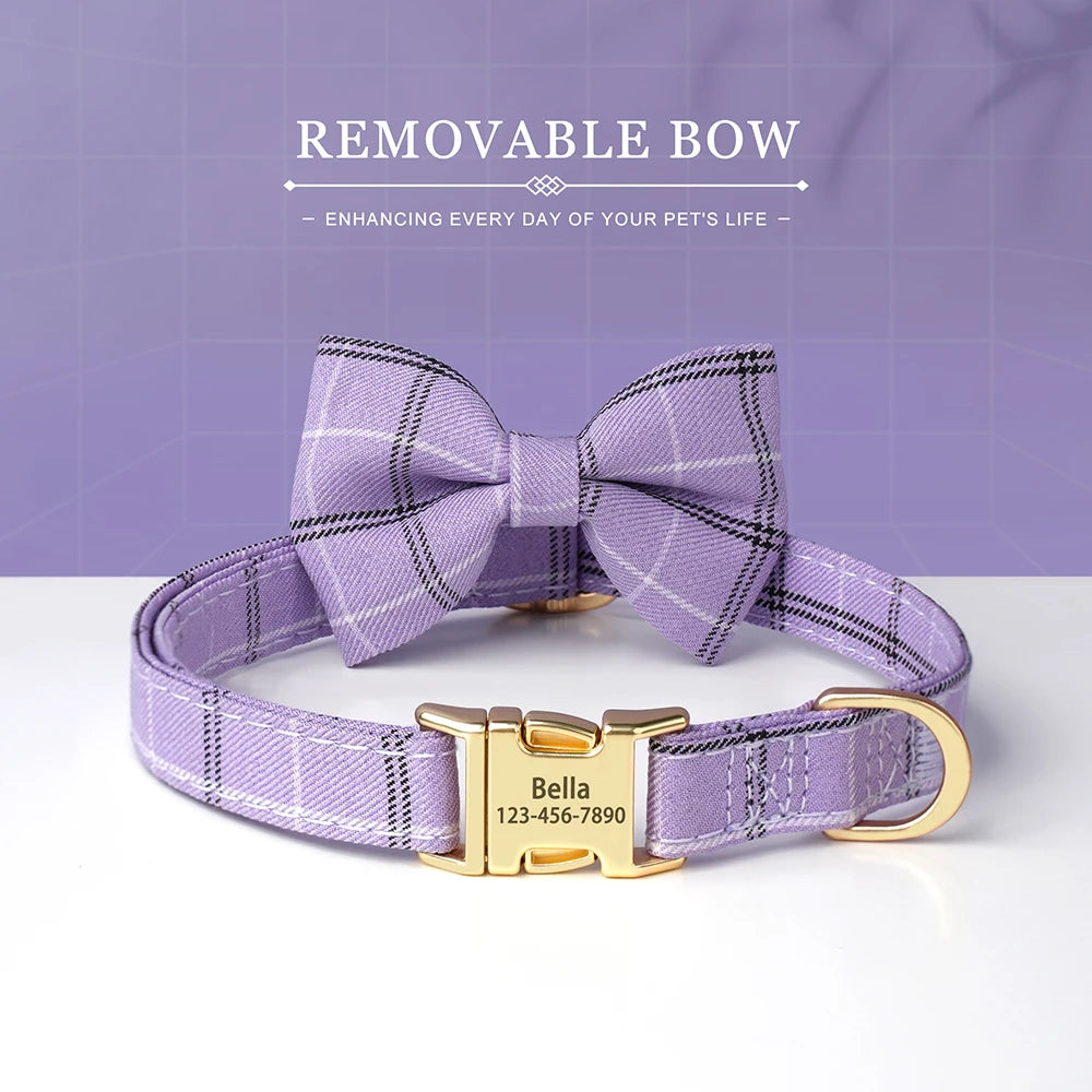 Custom Dog Collar Bowknot Engraved Pet ID Nylon Small Medium PURPLE