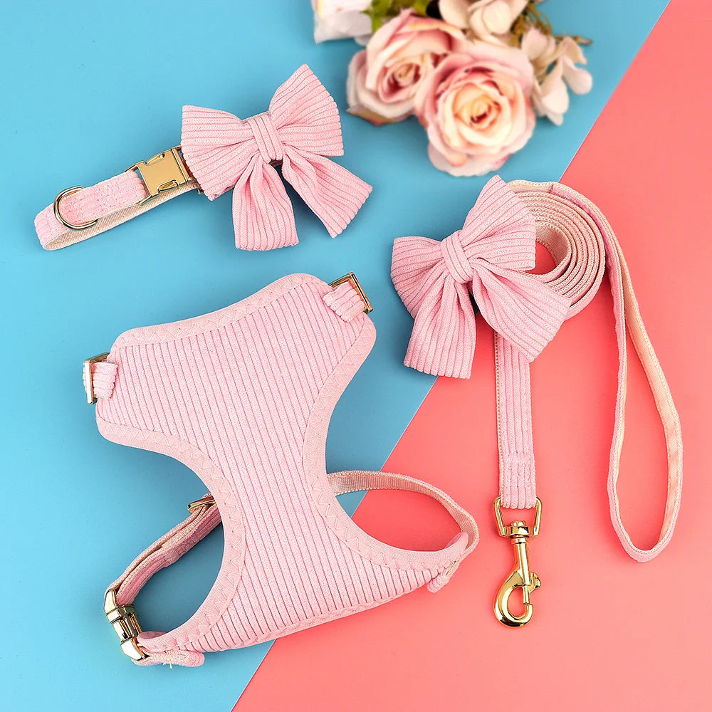Adorable Bowknot Dog Harness Set - Soft Velvet Collar & Leash for Small Dogs